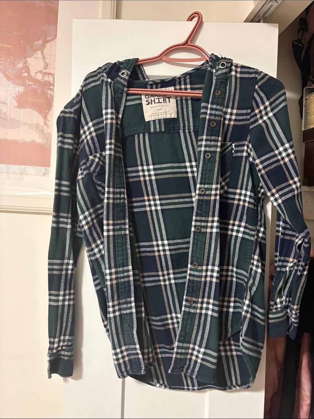Garage Green and Navy Plaid Button-Up Hoodie Shirt